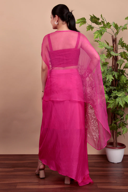 Magenta Indo-Western Drape Dhoti Set with Handworked Organza Cape