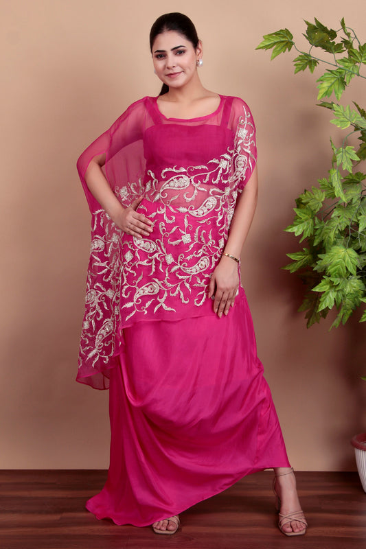 Magenta Indo-Western Drape Dhoti Set with Handworked Organza Cape