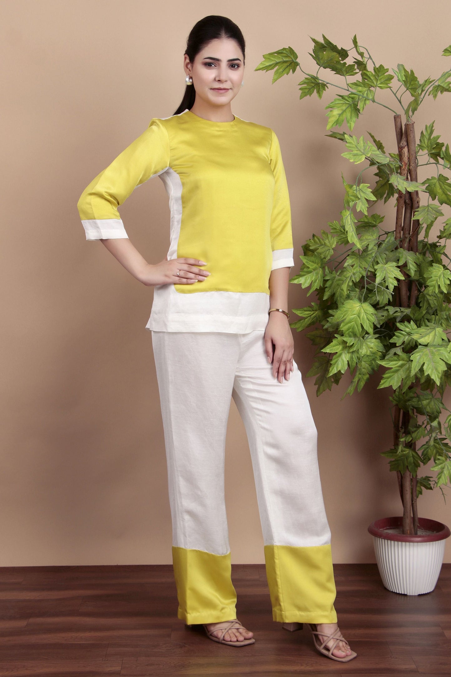 Casual Elegant Lemon Yellow White Kurta Pant Co-Ord Set
