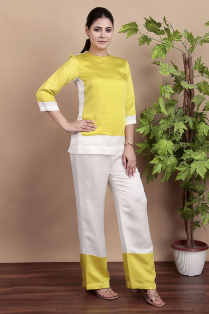 Casual Elegant Lemon Yellow White Kurta Pant Co-Ord Set