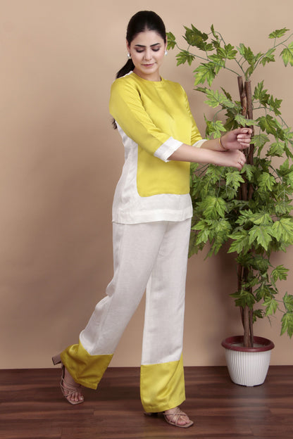 Casual Elegant Lemon Yellow White Kurta Pant Co-Ord Set