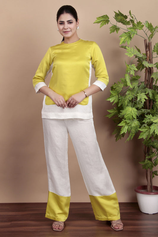 Casual Elegant Lemon Yellow White Kurta Pant Co-Ord Set