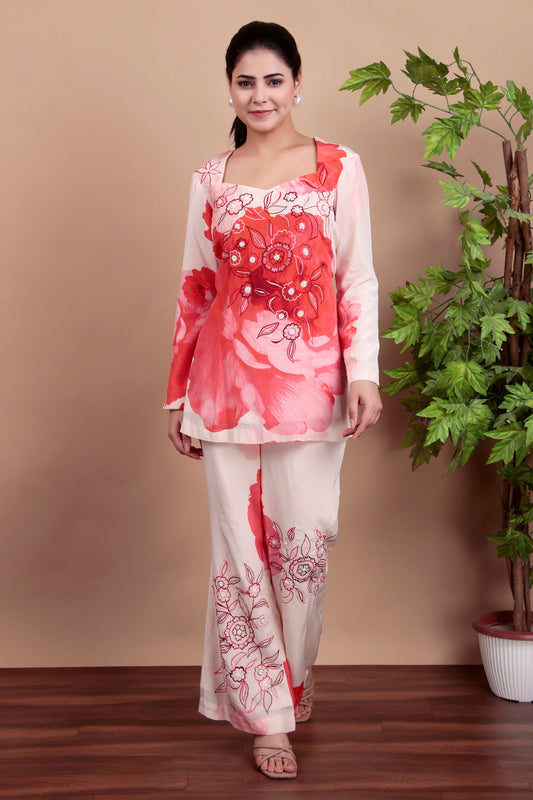 Pink Floral Co-ord Set With Thread And Pearl Embroidery