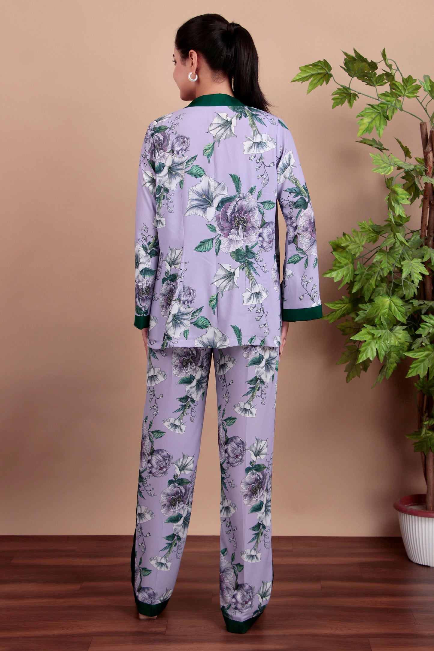 Lilac Indo-Western Floral Blazer Set with Dark Green Trim and Tailored Pants