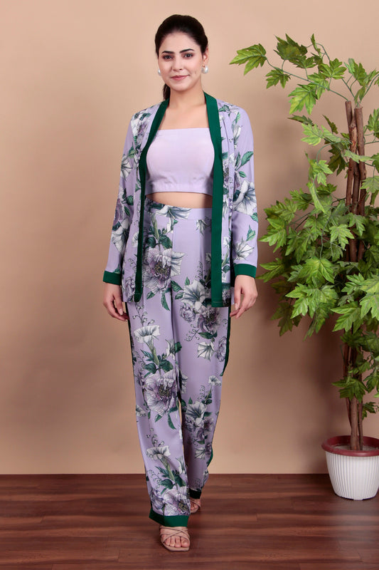 Lilac Indo-Western Floral Blazer Set with Dark Green Trim and Tailored Pants