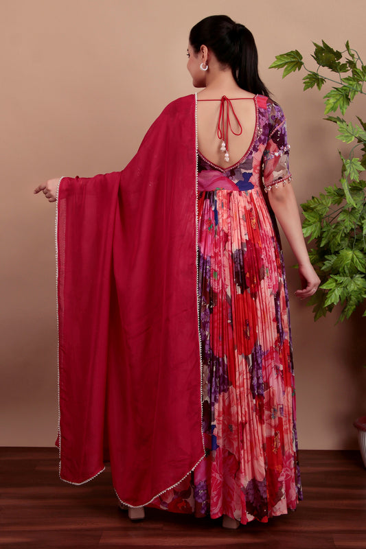 Floral Anarkali Suit With Sweetheart Neckline And Embellished Yoke