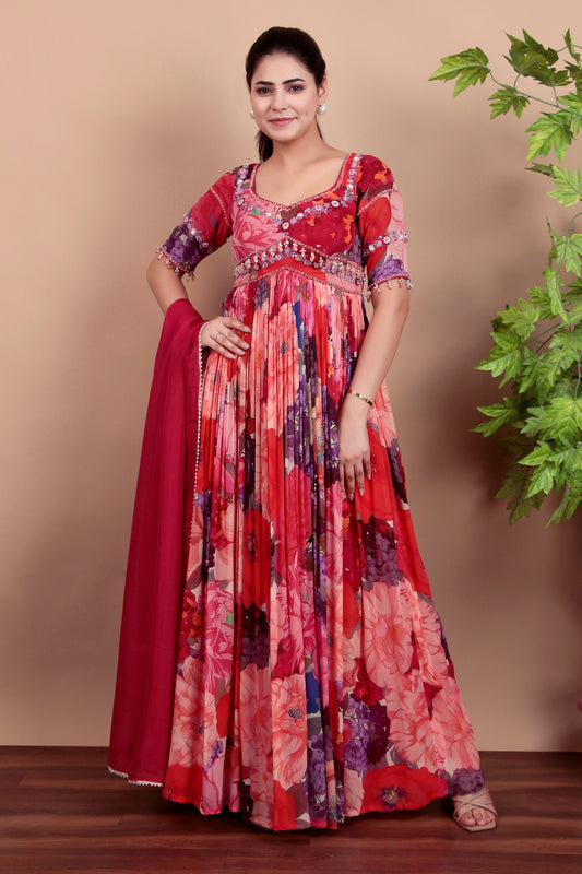 Floral Anarkali Suit With Sweetheart Neckline And Embellished Yoke