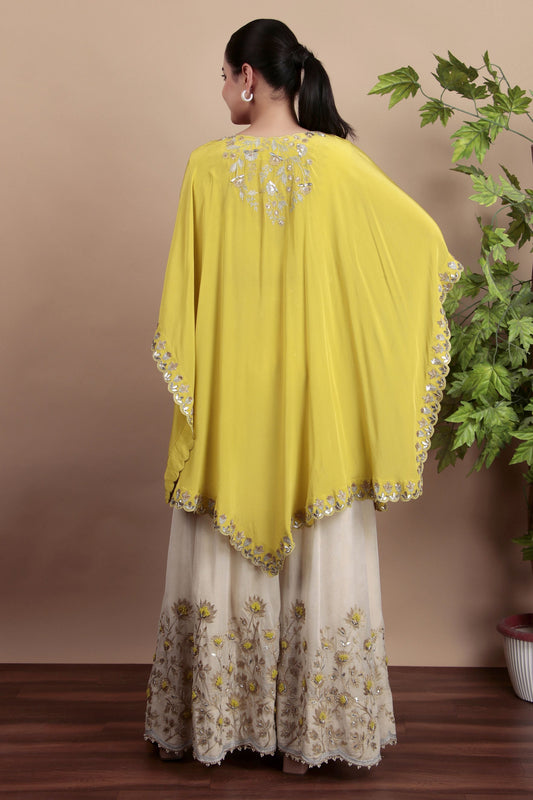 Yellow Gotta Patti Cape Set with Embroidered Blouse and Floral Palazzos