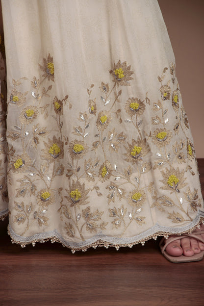 Yellow Gotta Patti Cape Set with Embroidered Blouse and Floral Palazzos