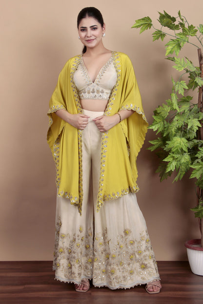 Yellow Gotta Patti Cape Set with Embroidered Blouse and Floral Palazzos