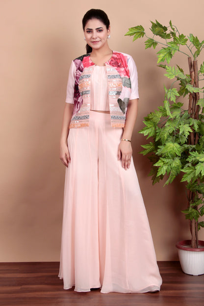 Blush Pink Indo-Western Set with Strapless Corset Flared Palazzo And Sequin Jacket