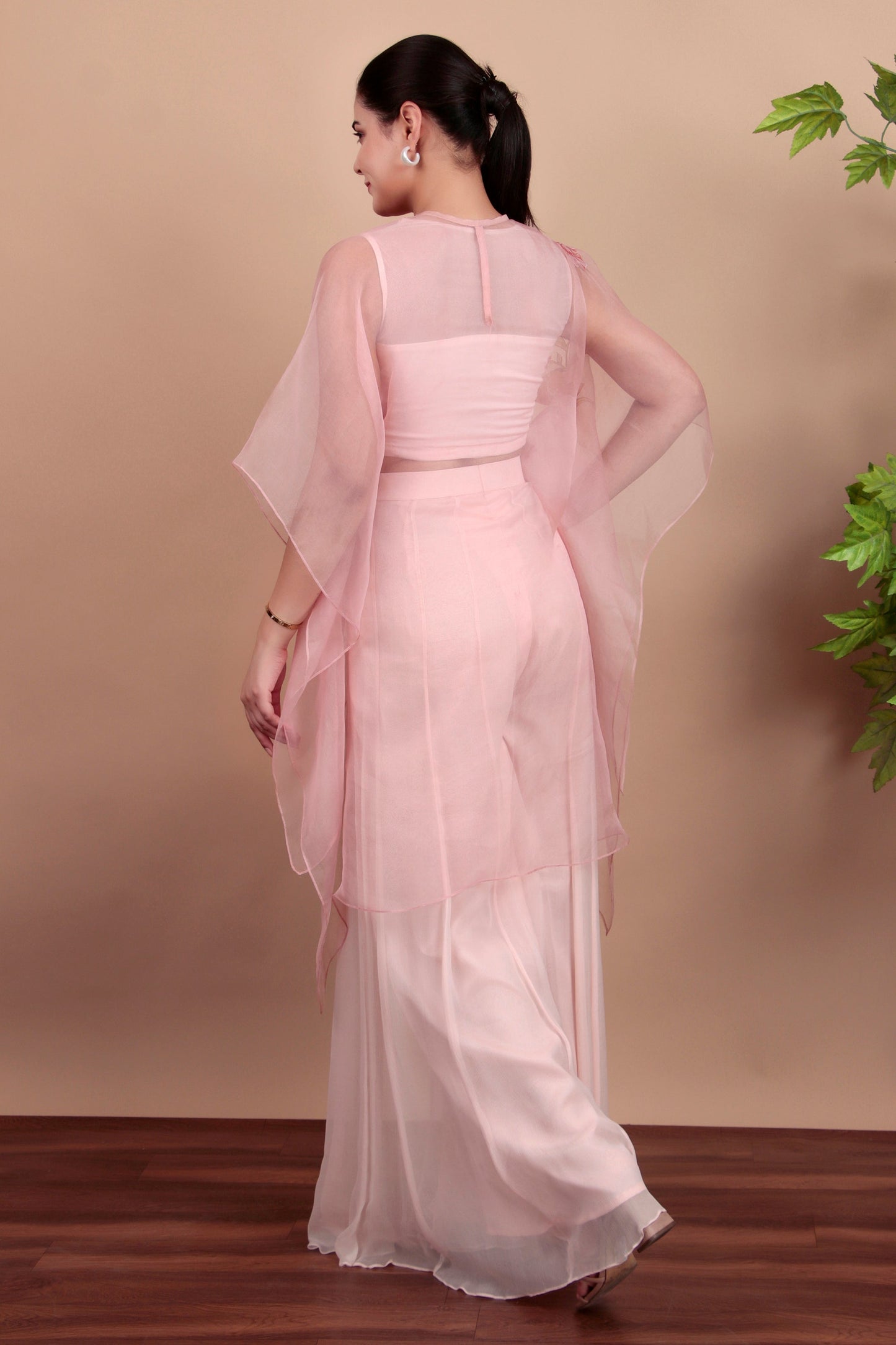 Pastel Pink Indo-Western Palazzo Set with Floral Organza Top