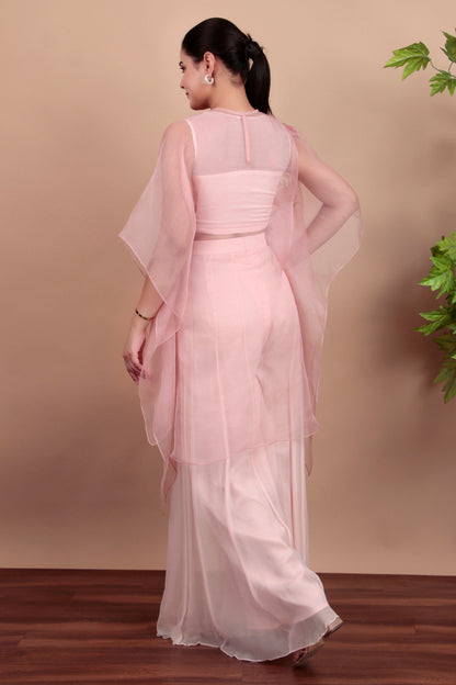 Pastel Pink Indo-Western Palazzo Set with Floral Organza Top