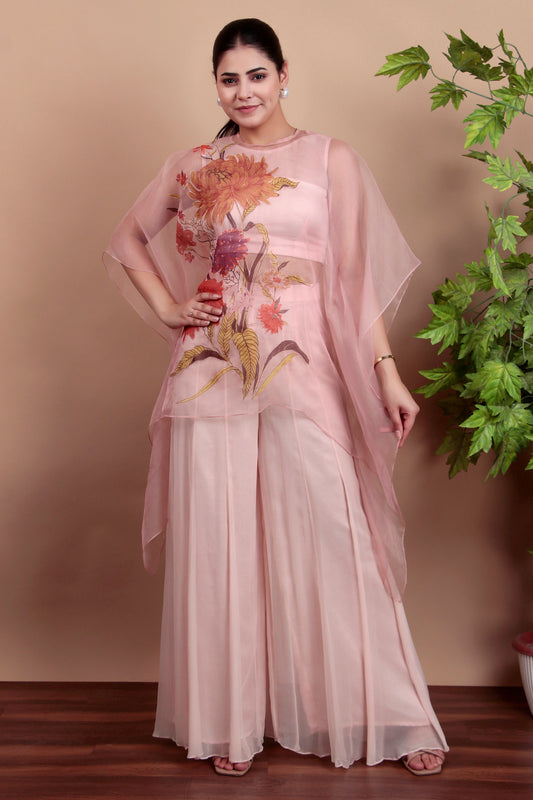 Pastel Pink Indo-Western Palazzo Set with Floral Organza Top