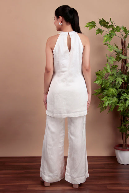 Hand-Painted Floral Halter Co-Ord Set with Minimal Pearl Embroidery