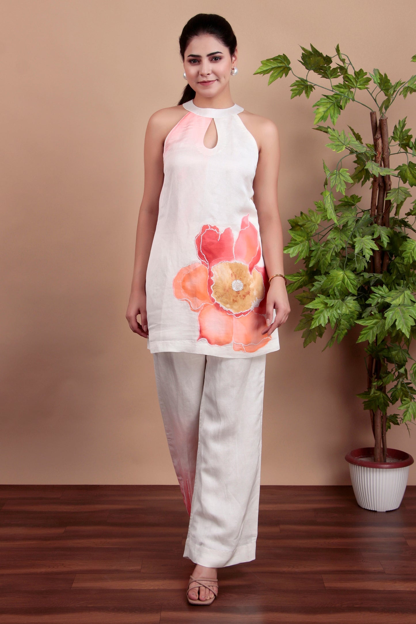 Hand-Painted Floral Halter Co-Ord Set with Minimal Pearl Embroidery