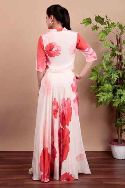 Contemporary Pink Floral Drape Skirt Set With Collared Blouse