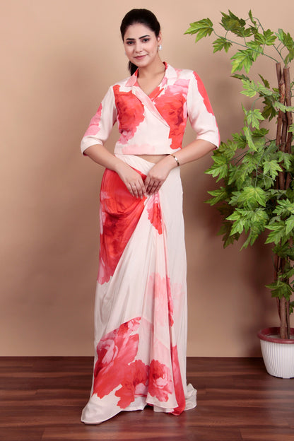 Contemporary Pink Floral Drape Skirt Set With Collared Blouse