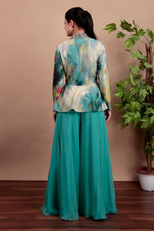 Floral Peplum Top With Embroidered Collar And Aqua Palazzo Pants