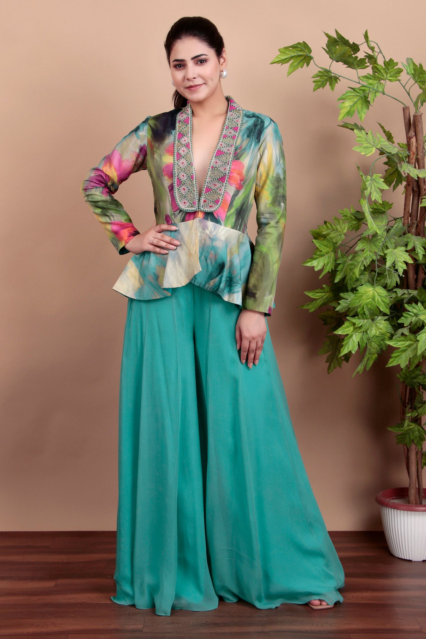 Floral Peplum Top With Embroidered Collar And Aqua Palazzo Pants