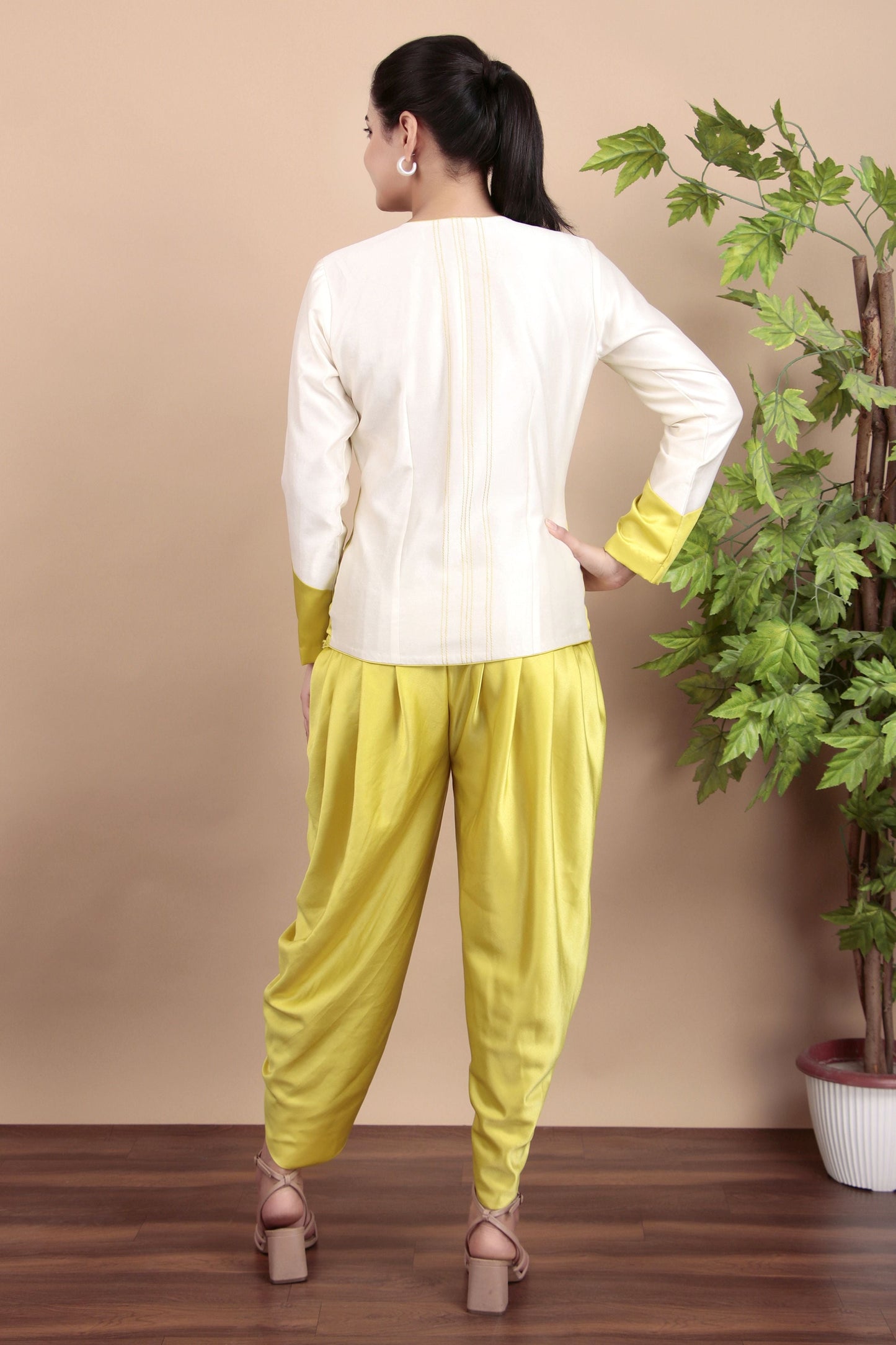 Lemon Yellow Embroidered Jacket with Dhoti Pants and Contrast Cream Sleeves
