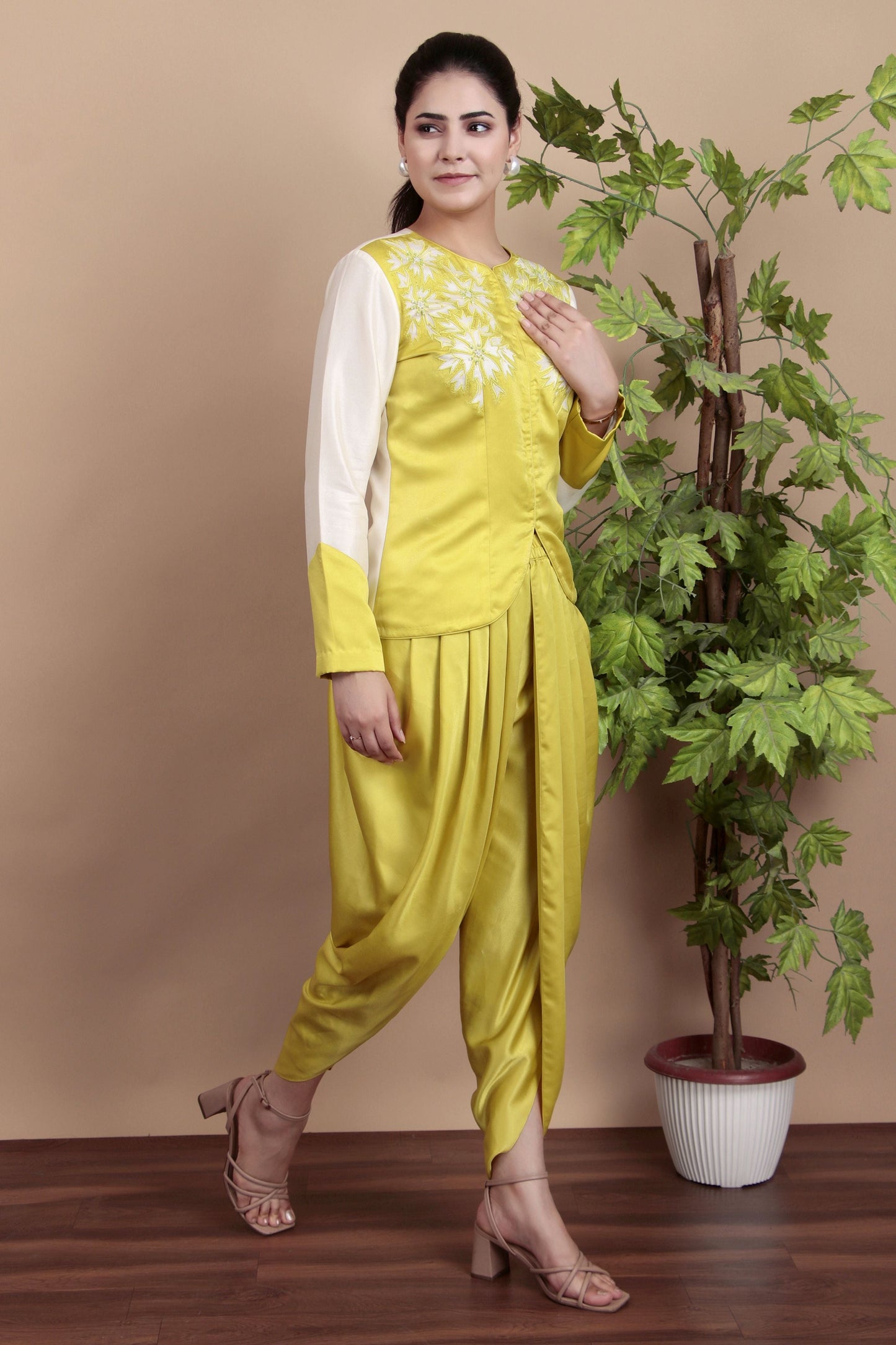 Lemon Yellow Embroidered Jacket with Dhoti Pants and Contrast Cream Sleeves