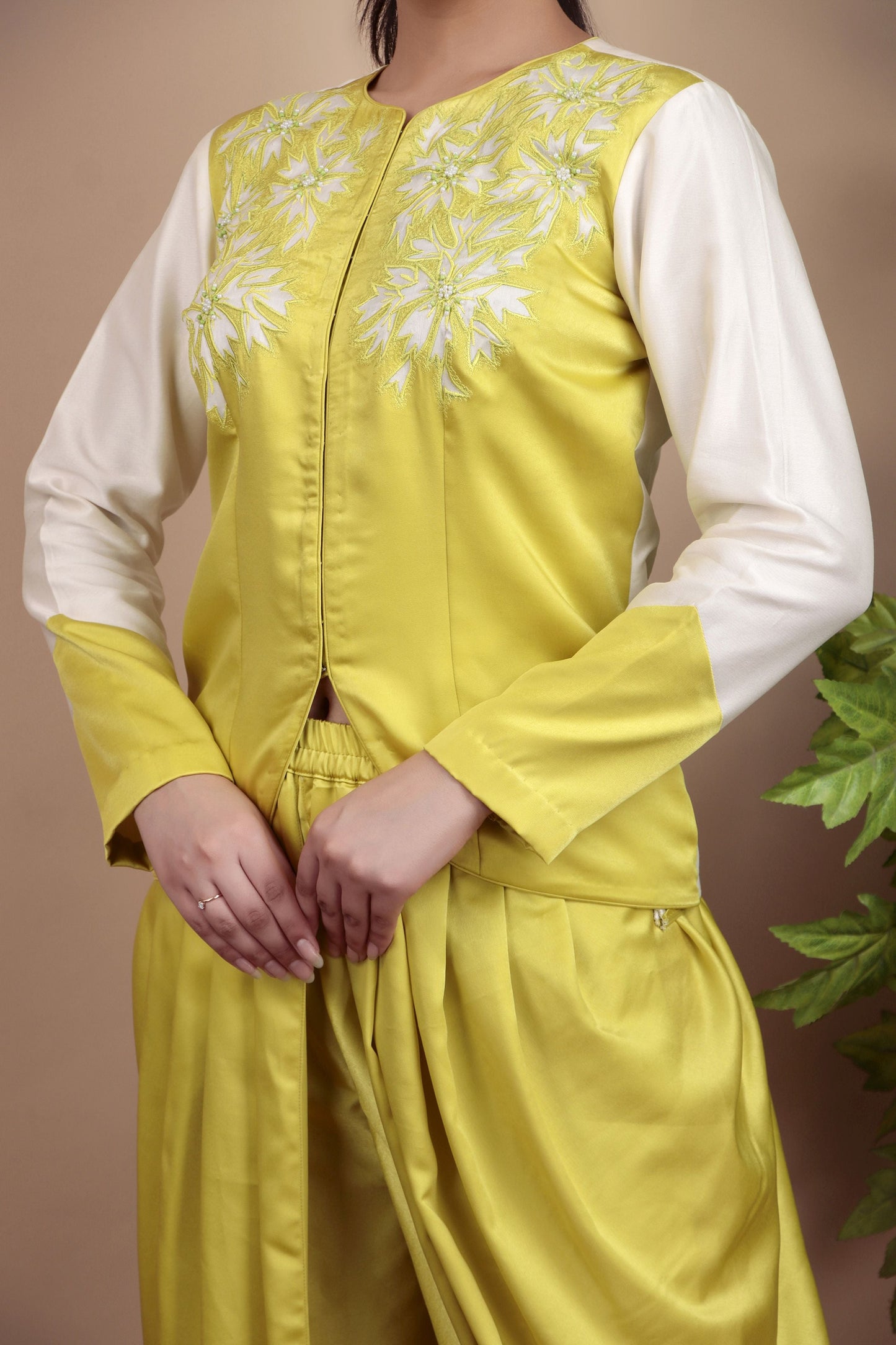 Lemon Yellow Embroidered Jacket with Dhoti Pants and Contrast Cream Sleeves