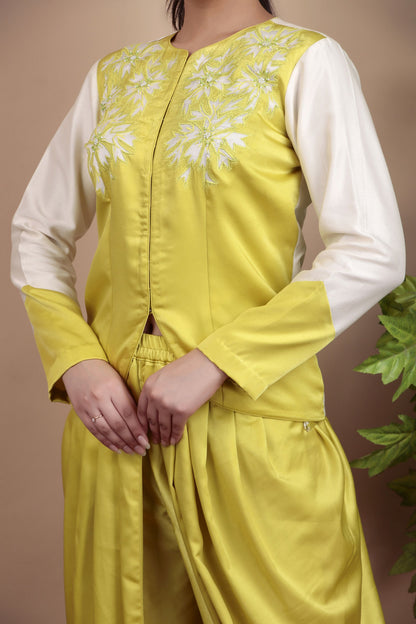 Lemon Yellow Embroidered Jacket with Dhoti Pants and Contrast Cream Sleeves