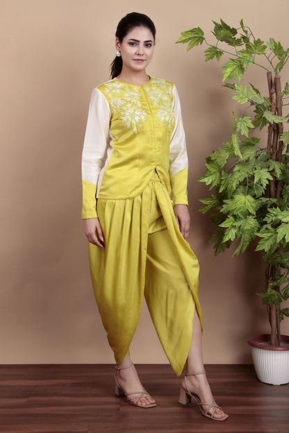 Lemon Yellow Embroidered Jacket with Dhoti Pants and Contrast Cream Sleeves