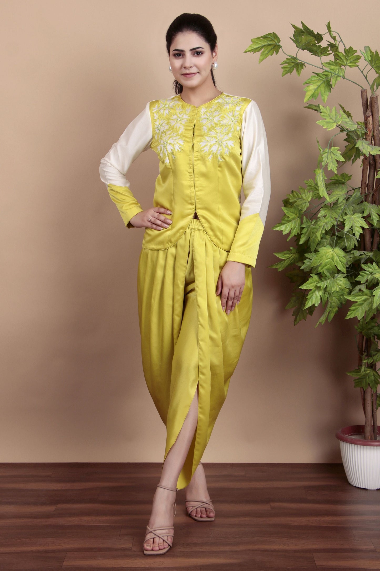 Lemon Yellow Embroidered Jacket with Dhoti Pants and Contrast Cream Sleeves