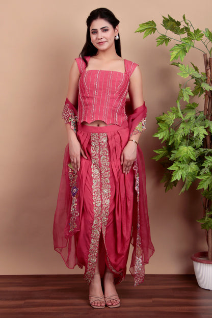 Pink Indo-Western Embroidered Blouse Set with Zari Dhoti Skirt and Organza Dupatta