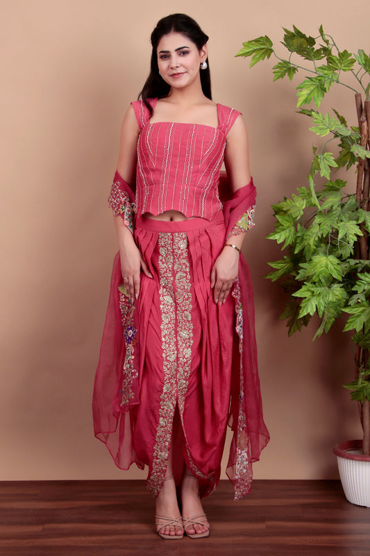 Pink Indo-Western Embroidered Blouse Set with Zari Dhoti Skirt and Organza Dupatta