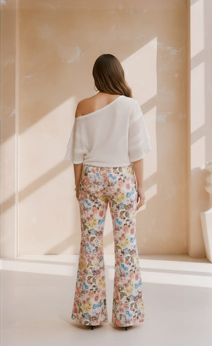White Sequin Off-Shoulder Top with Printed Pants