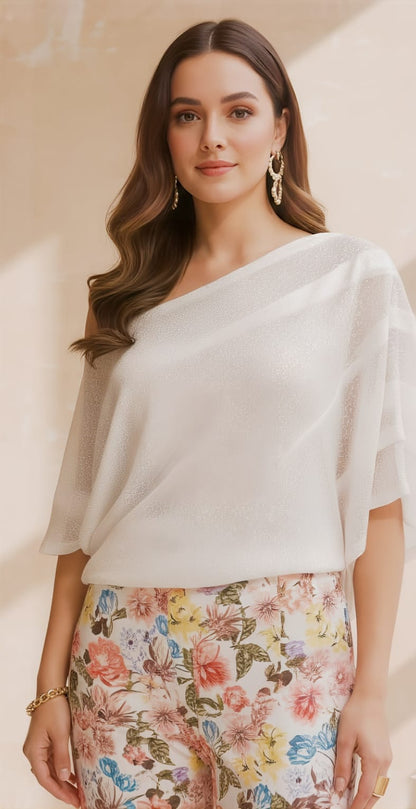 White Sequin Off-Shoulder Top with Printed Pants