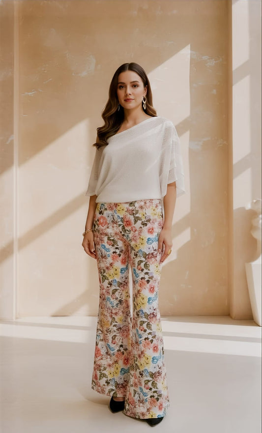 White Sequin Off-Shoulder Top with Printed Pants