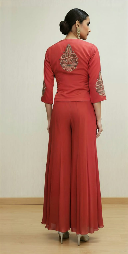 Short Red Peplum Jacket with Palazzo Pants Co-Ord Set