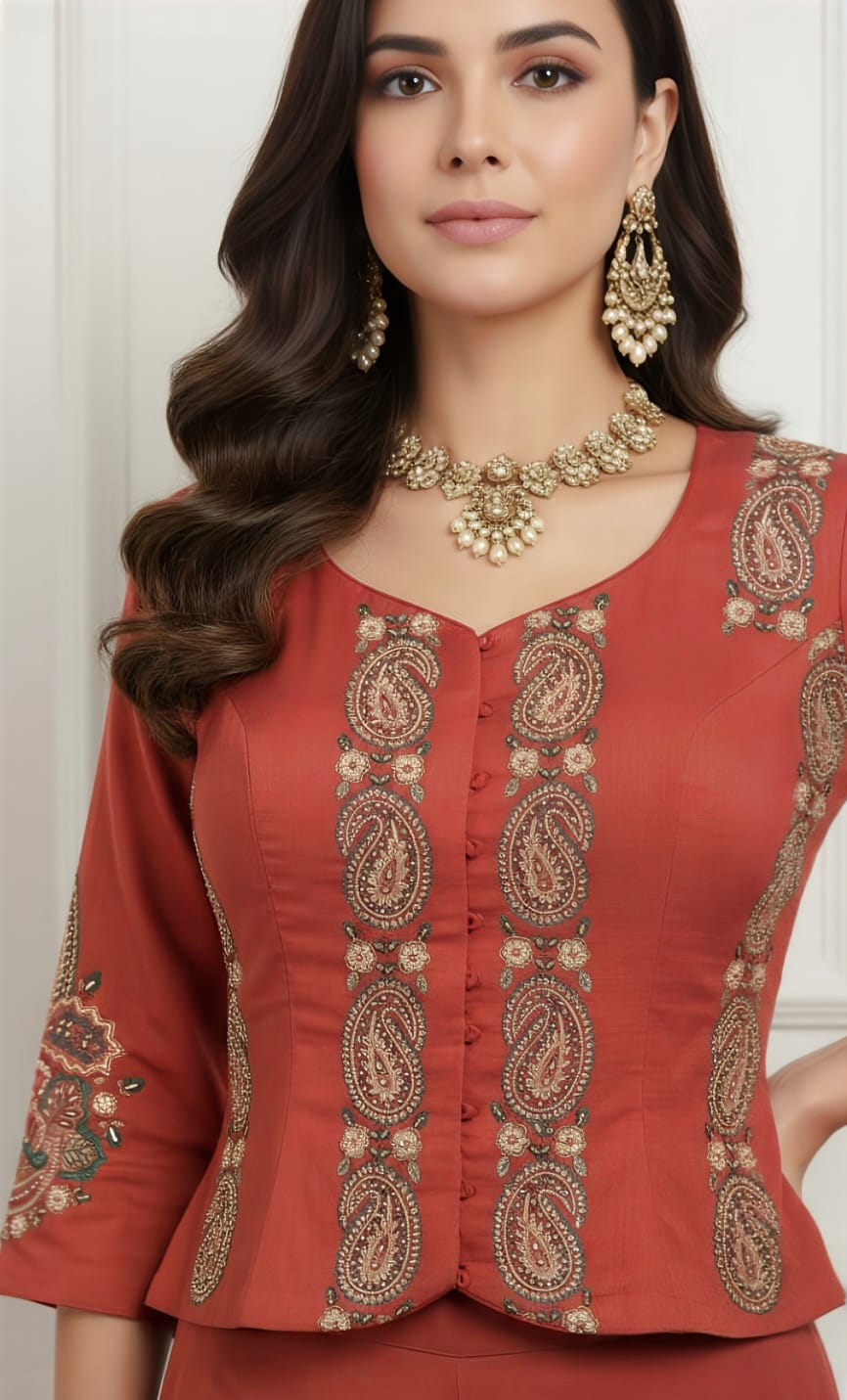 Short Red Peplum Jacket with Palazzo Pants Co-Ord Set