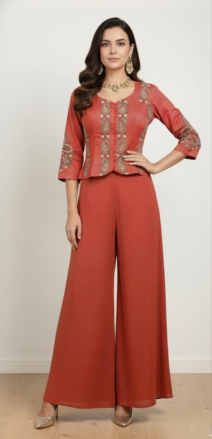 Short Red Peplum Jacket with Palazzo Pants Co-Ord Set
