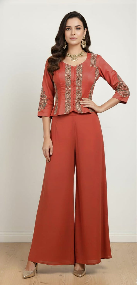 Short Red Peplum Jacket with Palazzo Pants Co-Ord Set