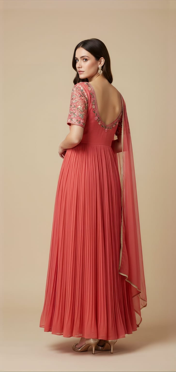 Carrot-Colored Anarkali with Colorful Embroidery on Front Neck