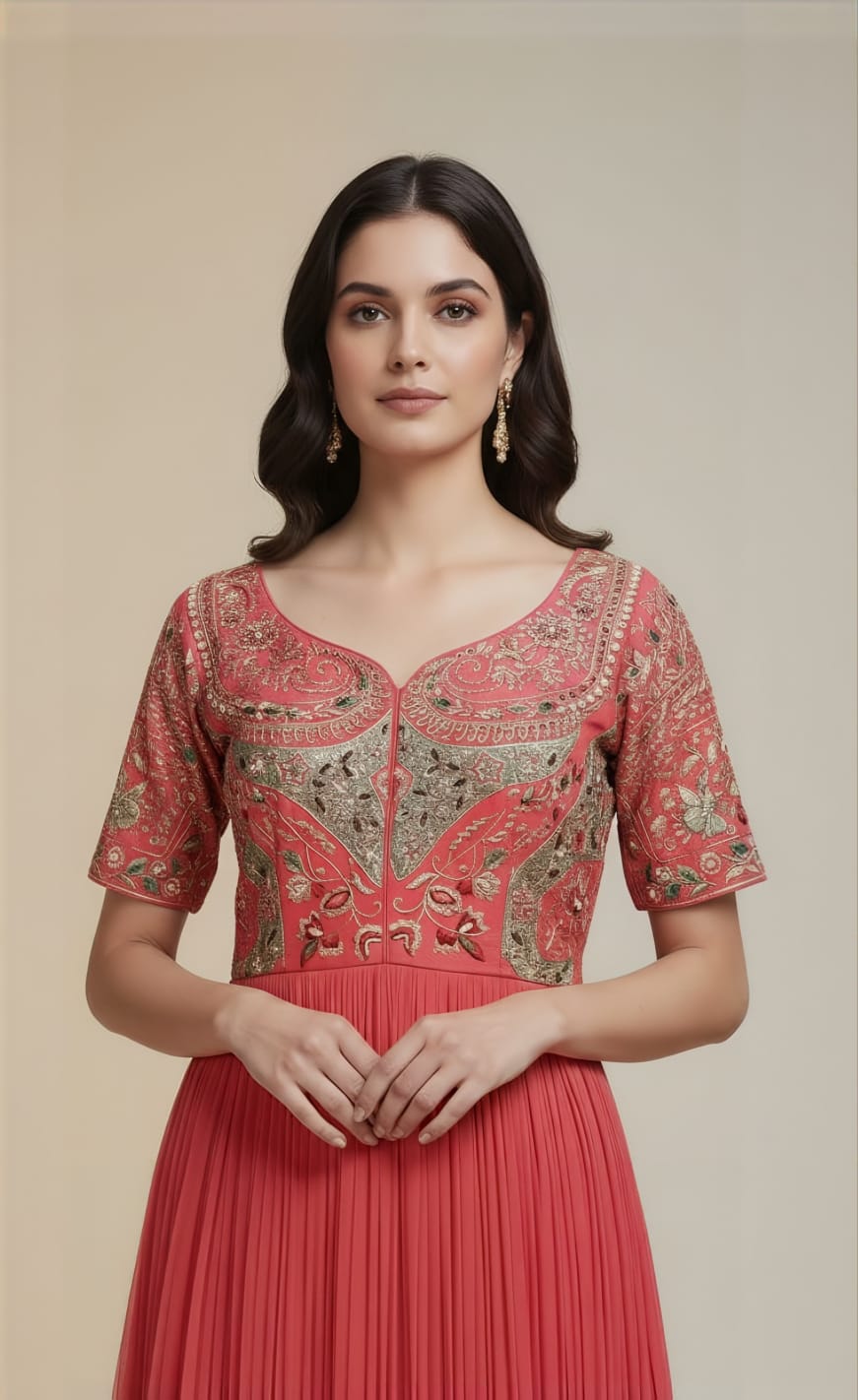 Carrot-Colored Anarkali with Colorful Embroidery on Front Neck
