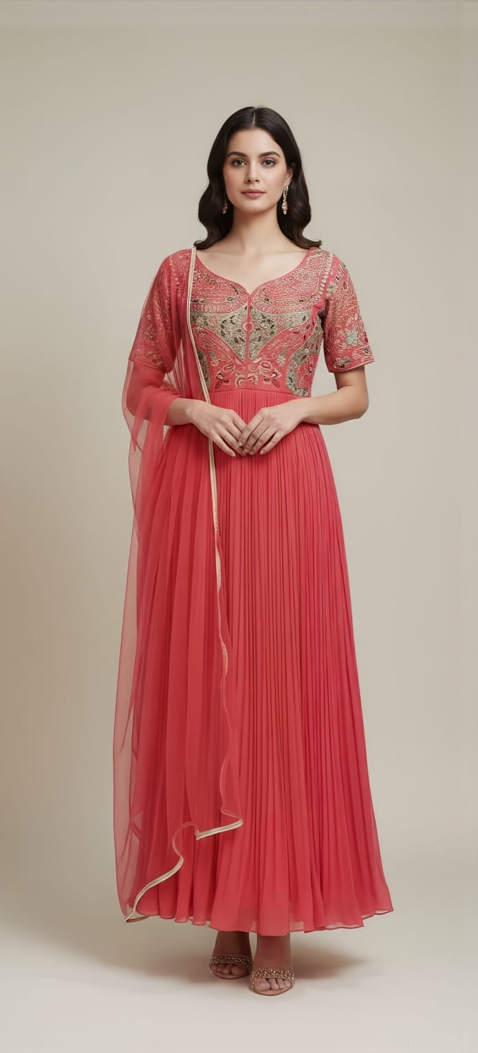 Carrot-Colored Anarkali with Colorful Embroidery on Front Neck