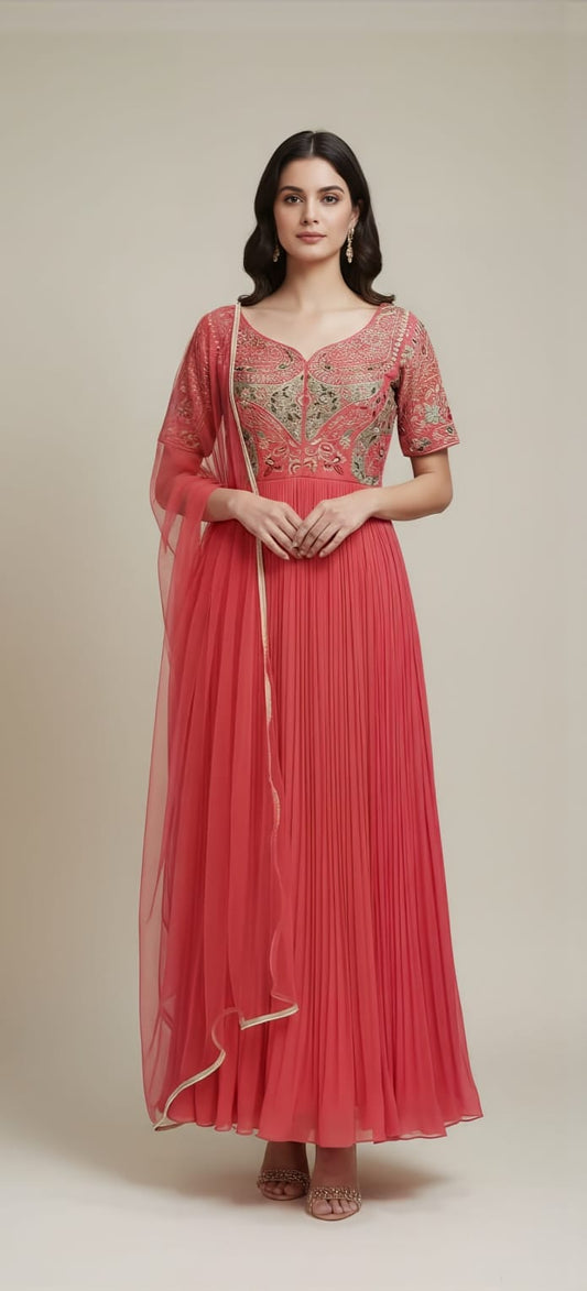 Carrot-Colored Anarkali with Colorful Embroidery on Front Neck