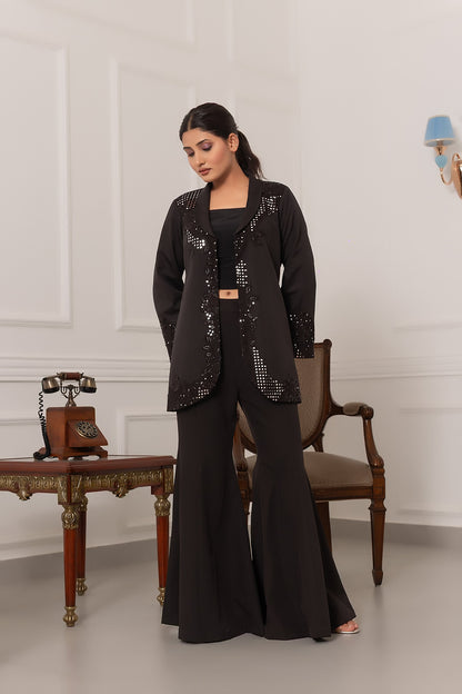 Black Three-Piece Designer Indo-Western  Set with Sequin Mirror-Embroidered Jacket