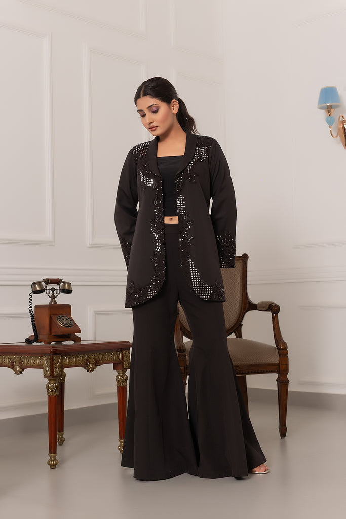 Black cordset with coat & flair pants, mirror with thread emboidery on neck or sleeve