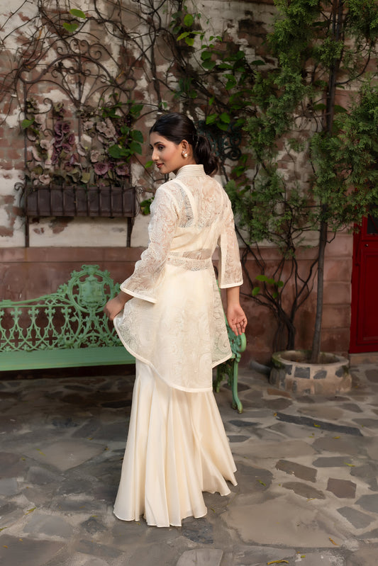 Off-White Fusion Wear 3-Piece Set with Embellished Coat and Bustier