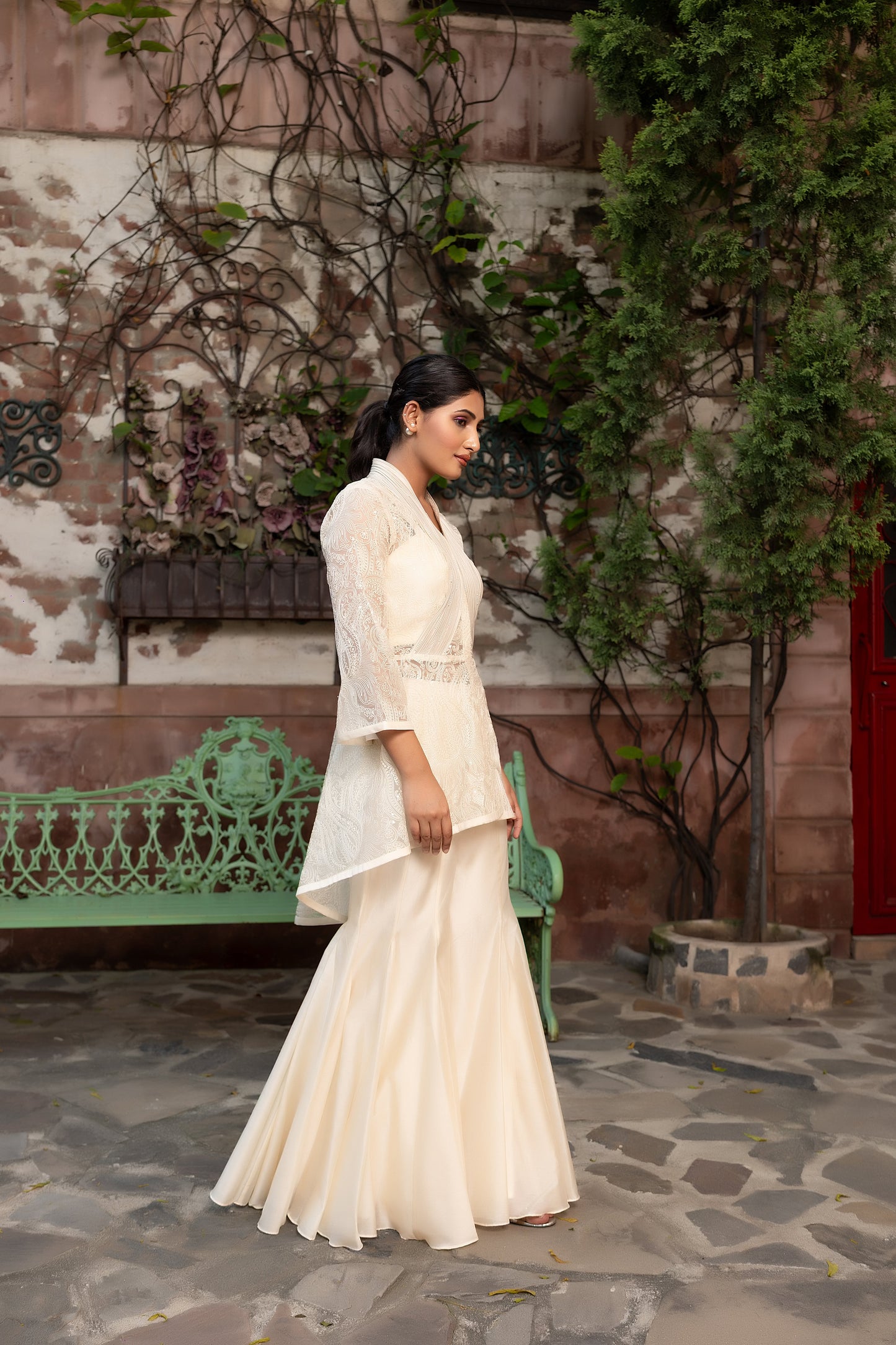 Off-White Fusion Wear 3-Piece Set with Embellished Coat and Bustier