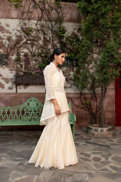 Off-White Fusion Wear 3-Piece Set with Embellished Coat and Bustier