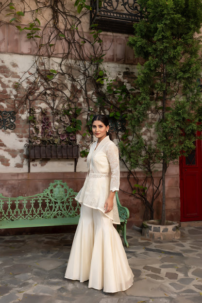 Off-White Fusion Wear 3-Piece Set with Embellished Coat and Bustier