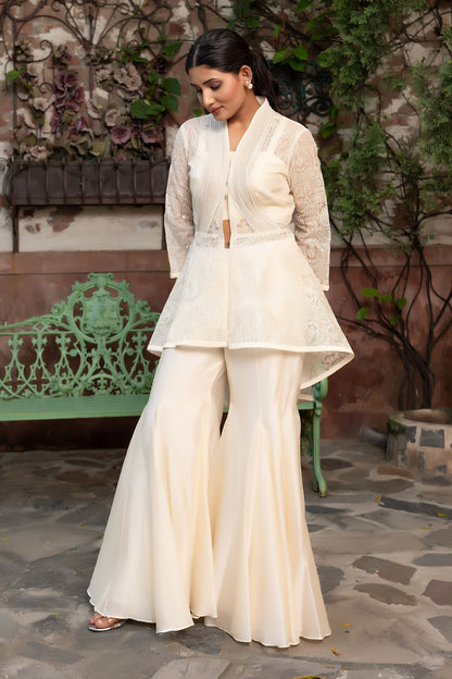 Off-White Fusion Wear 3-Piece Set with Embellished Coat and Bustier